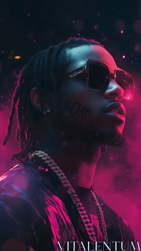Neon-lit portrait of stylish man in sunglasses and chains