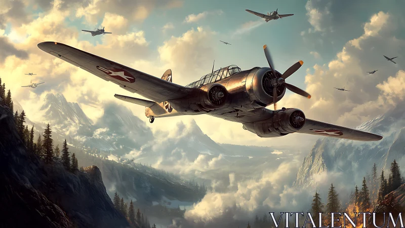 WWII twin‑engine bomber squadron crosses alpine valley in formation
