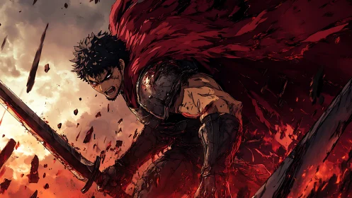 Blood-drenched warrior charges through burning battlefield.