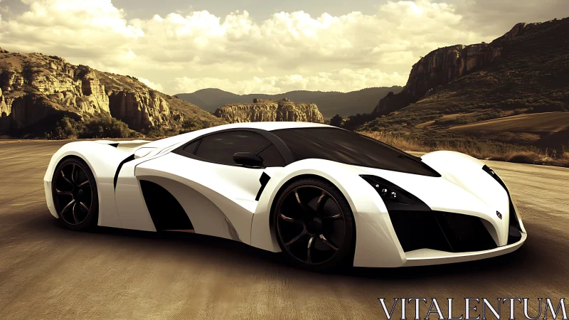 Futuristic white sports car is rendered on a mountain road