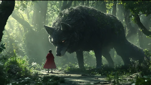 Cinematic 3D tableau of girl in red confronting giant wolf.