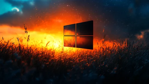 Glowing quad window emblem over fiery digital wheatfield horizon