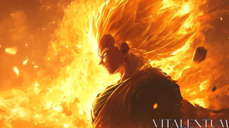 Flame-crowned warrior walking through a molten sunrise storm.