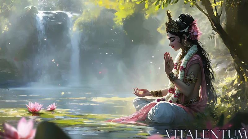 Divine river meditation beside luminous waterfall pool.