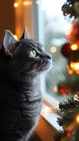 Tabby cat at window beside lit holiday tree indoors.
