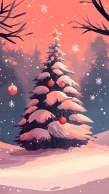 Snow-draped Christmas pine glowing under coral dusk sky.