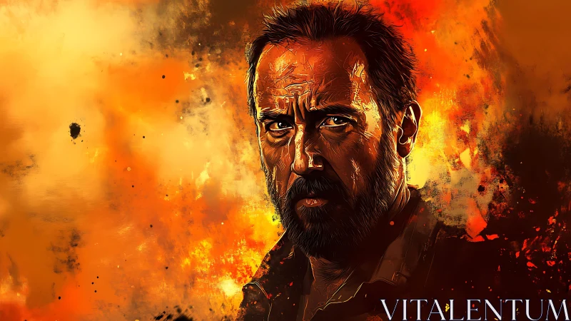 Storm-lit portrait of a brooding hero in molten orange fire.