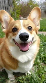 Close-up portrait of happy tricolor corgi outdoors in grass