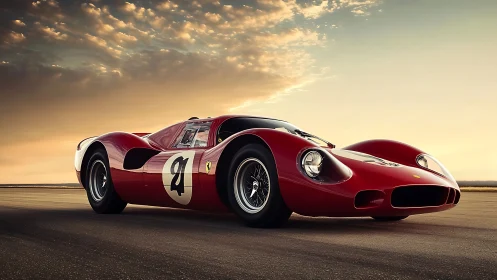 Photorealistic low-angle study of classic red race car form.
