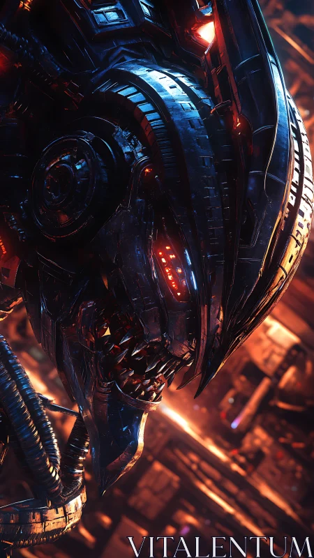 Cybernetic xenomorph head with glowing sensor arrays in forge.