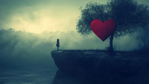 Solitary Figure Beneath Heart-Shaped Tree in Misty Landscape.