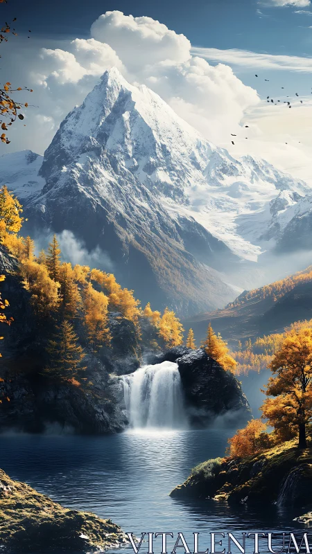 Majestic alpine waterfall under crisp snowcapped peaks.
