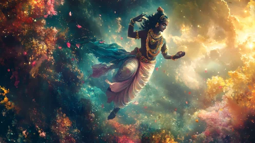Divine dancer drifting through cosmic clouds in gold light.