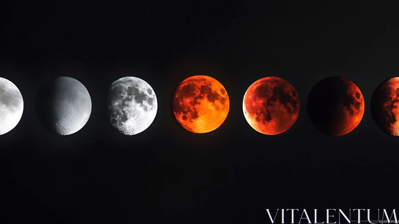 Lunar eclipse progression in vivid grayscale to ember tones.