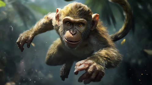 Young monkey rendered mid-leap in dense jungle setting