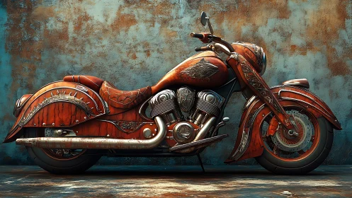 Custom copper cruiser motorcycle with ornate vintage detailing.