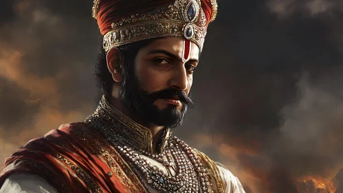 Regal warrior king gazes forward in jeweled battle attire