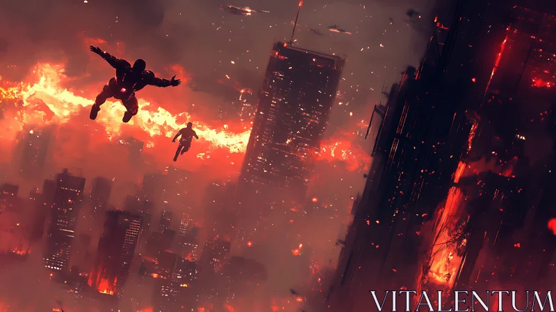 Crimson skyfall over a burning neon city in freeflight.