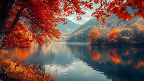 Autumn foliage reflected in still mountain lake surface.