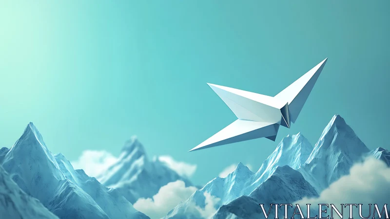 Low-poly paper aircraft gliding over stylized alpine ridge