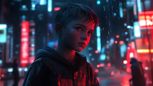 Solitary boy walks through neon city rain in quiet reflection
