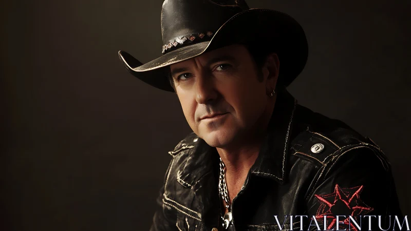 Studio portrait of middle‑aged cowboy in leather jacket and hat