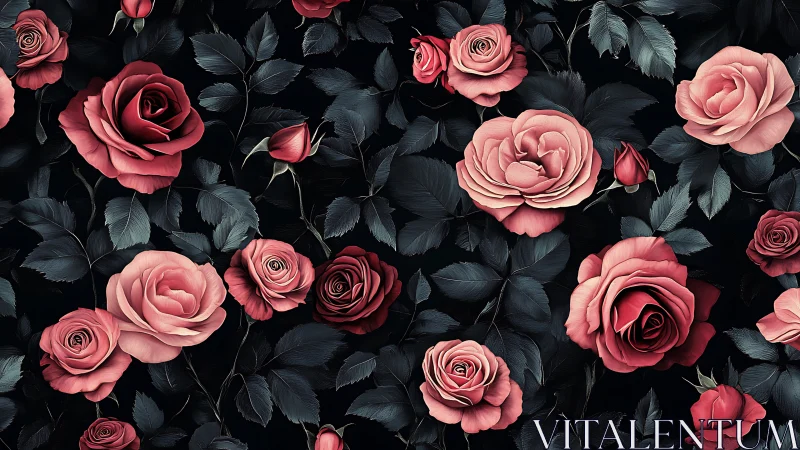 Pink and Red Roses Against Dark Foliage Background