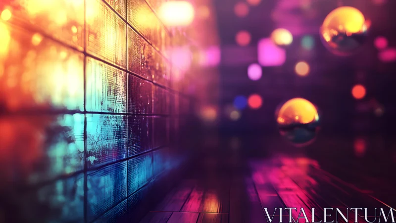 Vibrant abstract wall and orbs in colorful neon lighting scene.