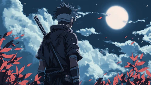 Moonlit shinobi watching drifting clouds and red leaves.