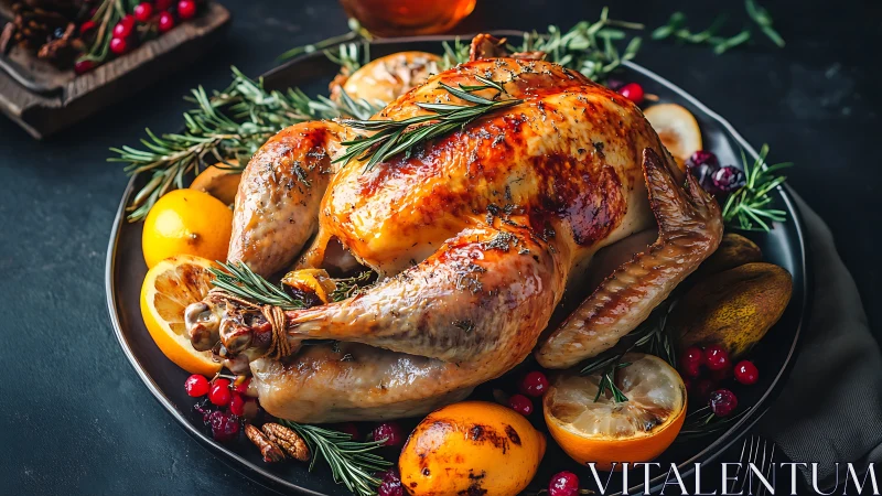 Roasted duck with seasonal garnish and fresh herbs.