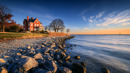 Red coastal house overlooks rocky shoreline at sunset