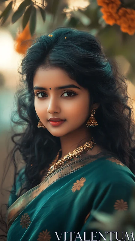 Digital painting portrait with teal sari and floral bokeh depth.