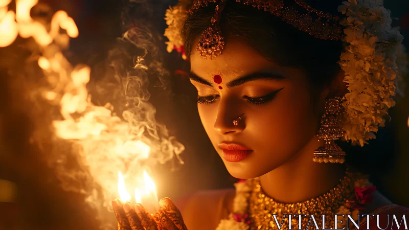 Incense lit portrait isolates ritual jewelry in warm bokeh