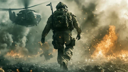 Soldier advances through fiery battlefield as helicopter descends