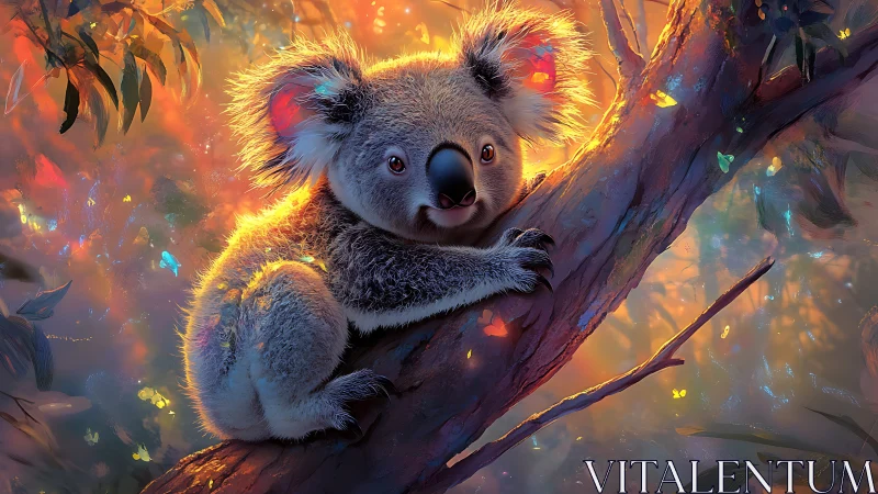 Koala dreamer perched in glowing twilight butterfly forest.
