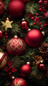 Red Christmas ornaments on evergreen branches arrangement.