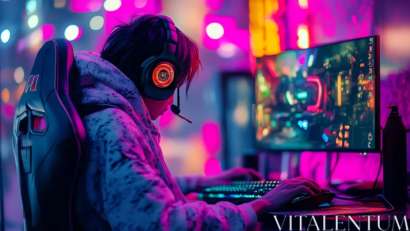 Cozy gamer unwinds in neon-lit room with immersive setup.