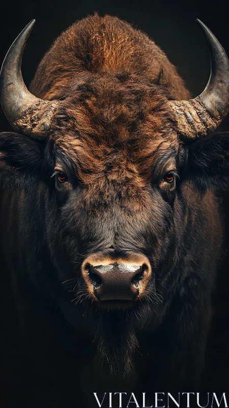 Frontal close-up study of horned bison against dark field.