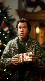 Bewildered sweater hero clutches mysterious Christmas gift