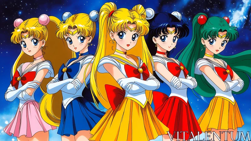 Anime magical team lineup in celestial character portrait format.