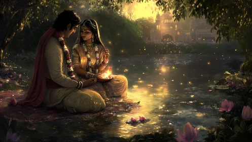 Ritual riverbank lovers with bioluminescent diya reflections.