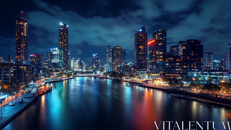Nocturnal riverfront megacity with reflective spectral lighting.
