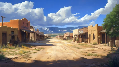 Desert frontier town street with adobe buildings and clouds.