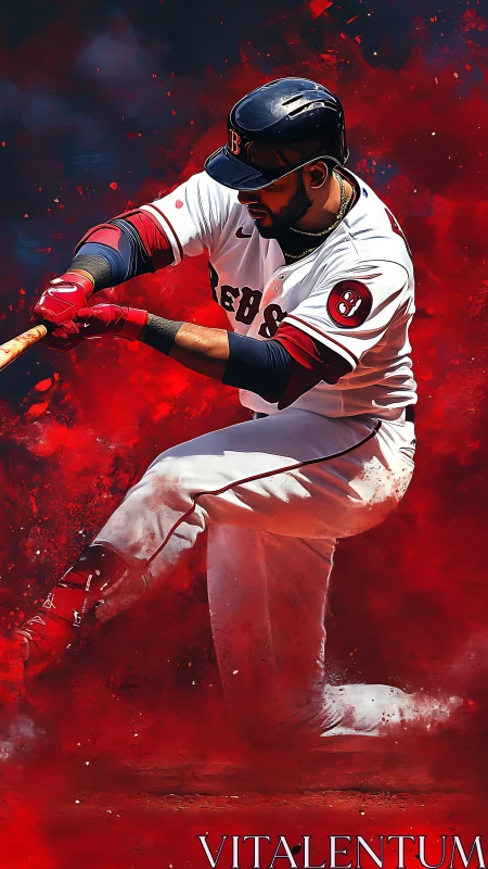 Crimson dust erupts as a power hitter carves through contact.