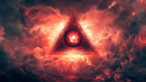 Triangular energy portal radiates within turbulent crimson clouds
