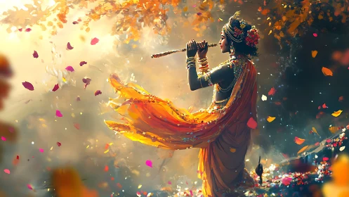 Figure in orange drapery playing flute amid falling petals.