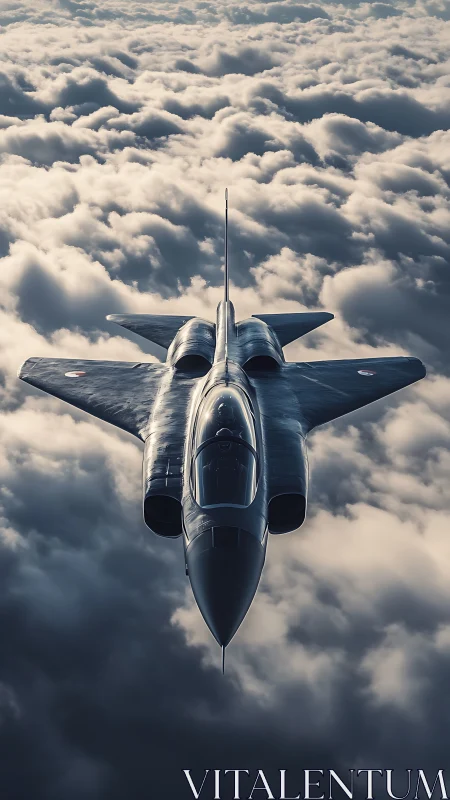 Stealth military jet flying above dense cloud layer.