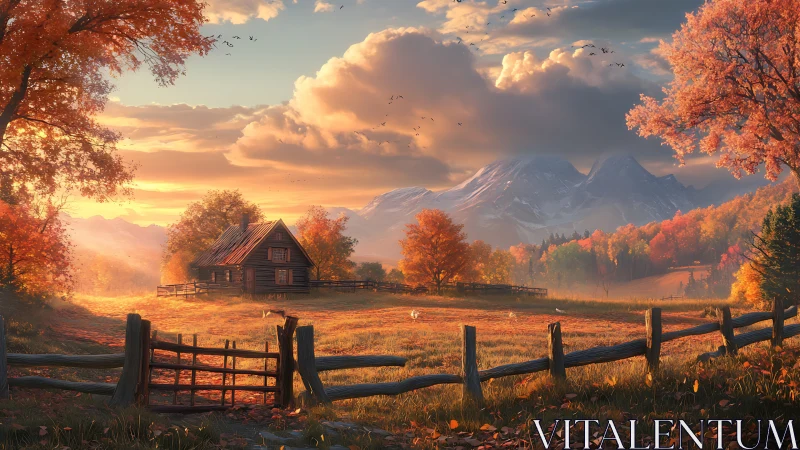 Autumn farmhouse valley at sunrise with snowcapped mountains