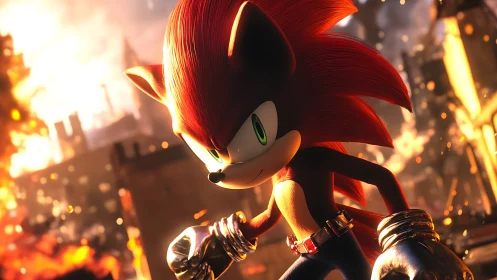 Fiery red hedgehog hero stands bold in a blazing cityscape.