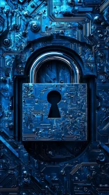 Glowing blue lock guarding a calm world of digital circuits.